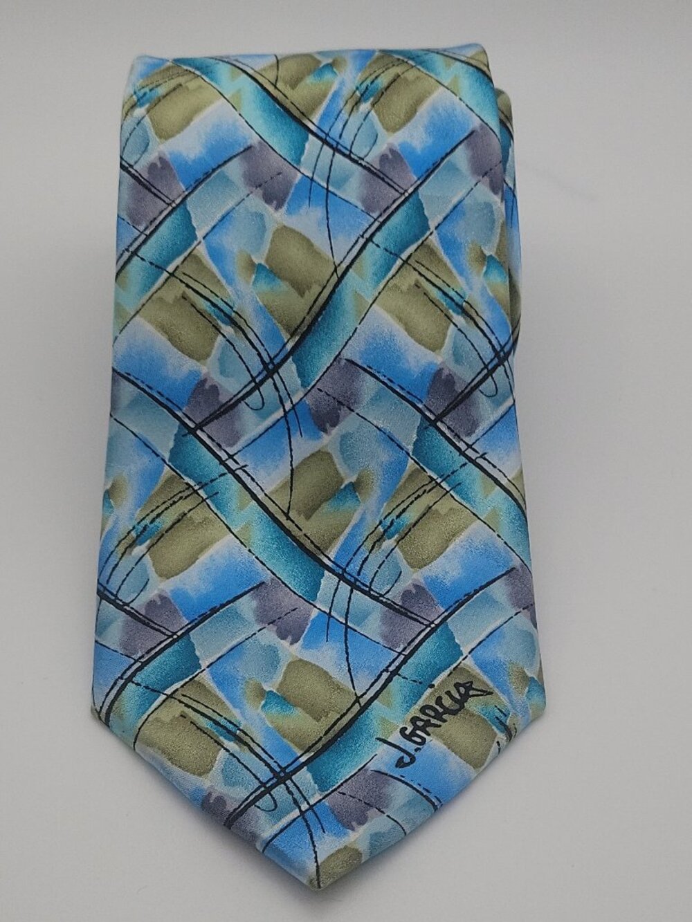 J. Garcia 100% Silk Abstract Northern Lights Blue Green Black Men's Tie 2013